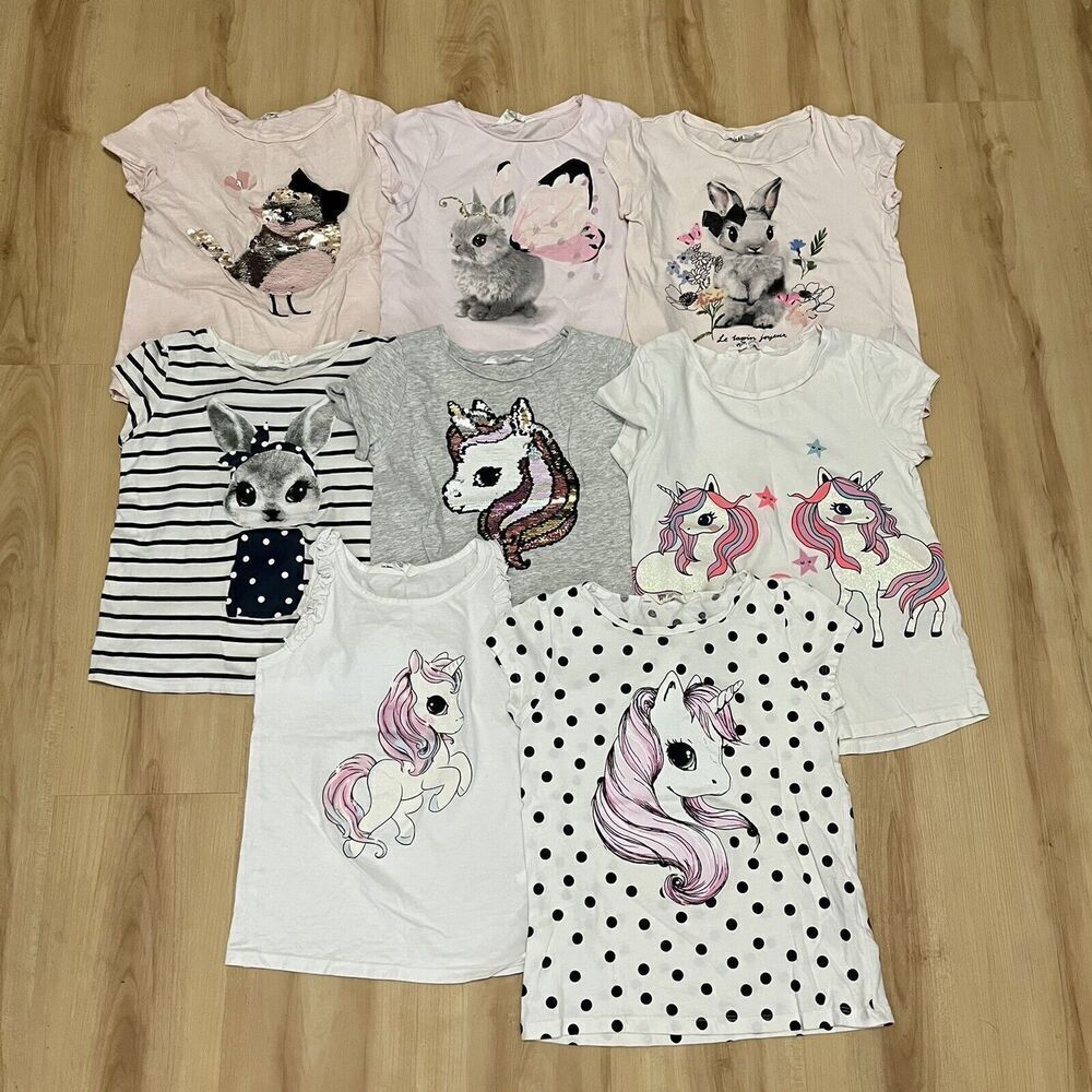 H&M Lot of 8 Girls T-Shirts Tank Tops Sequins Glitter Bunny Unicorn Bird SZ 6-8